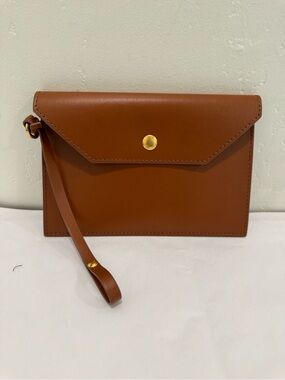 Balmain Leather Wristlet Clutch in Cognac